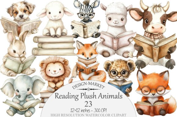 Download Watercolor Reading Plush Animals Clipart - Plush Collection